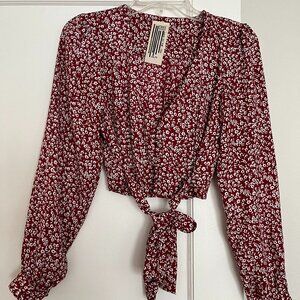 free people womens size XS red floral crop v neck blouse